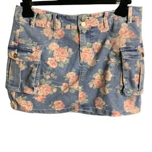Elleven Floral Denim Cargo Mini Skirt XL Pink Rose Blue E103 Y2K Style